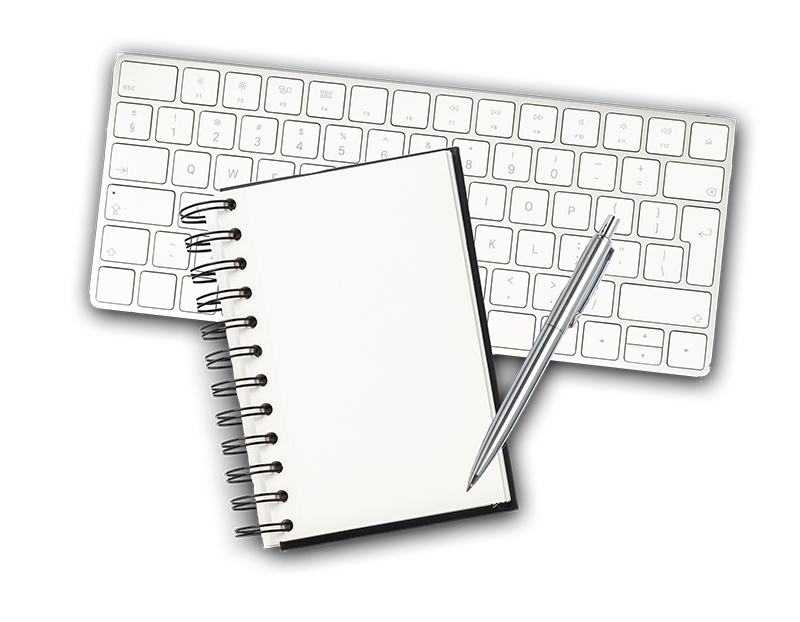 Tastatur mit Block und Stift als Symbol für Content Writing.